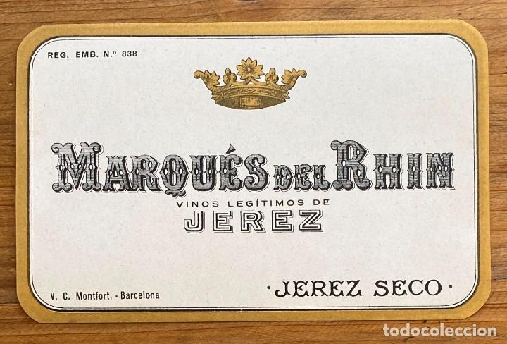 Etiquetas antiguas: ETIQUETA DE MARQUES DEL RHIN, JEREZ, JEREZ SECO, MIDE 13,7 X 8,8 CMS.