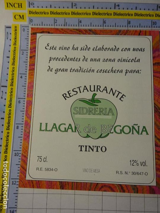Etichette antiche: ETIQUETA DE BEBIDAS. VINO LICORES. RESTAURANTE SIDRER&Iacute;A LLAGAR DE BEGO&Ntilde;A TINTO OVIEDO. 675