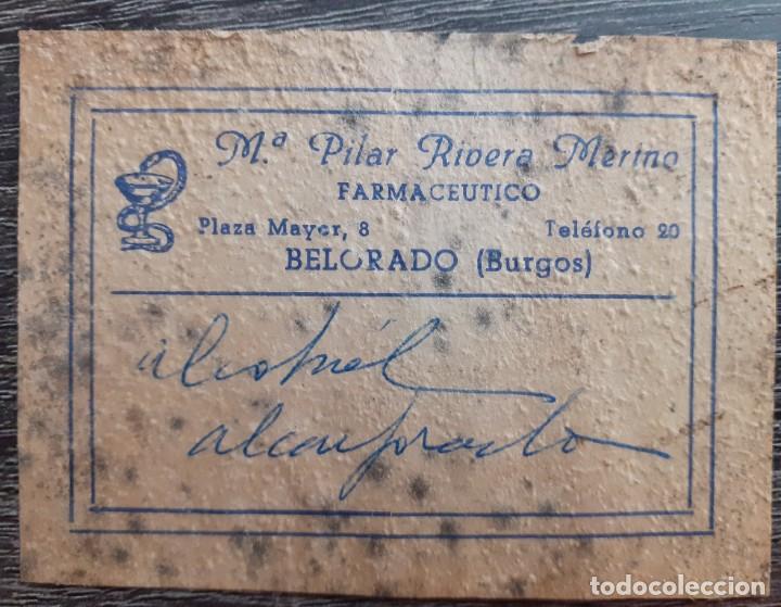 Etichette antiche: Etiqueta alcohol alcanforado Farmac&eacute;utico Pilar Rivera Merino - Belorado, Burgos
