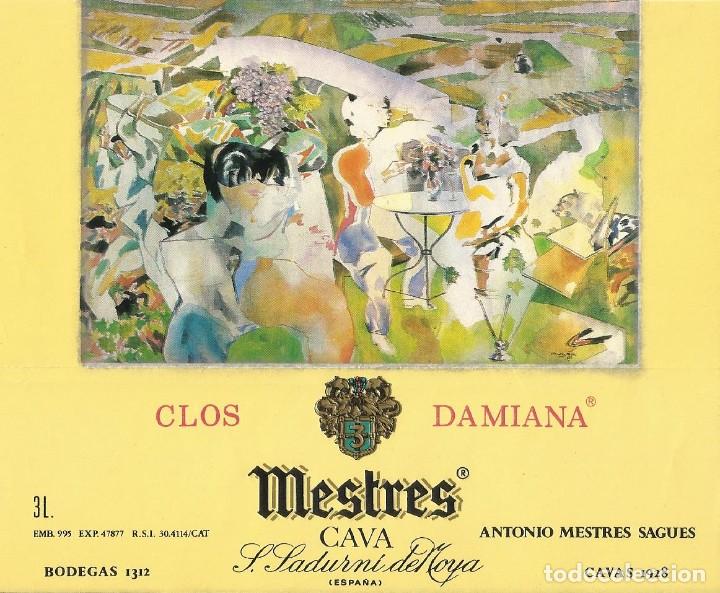 Etiquetas antiguas: Cava Mestres. Clos Damiana. Dibujo de Guerrero Medina. Sant Sadurn&iacute; de Noya. 12x15 cm.