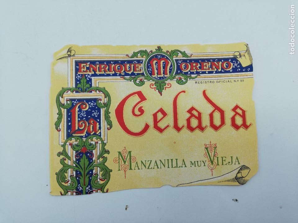 Old Labels: ETIQUETA. LA CELADA. ENRIQUE MORENO. MANZANILLA MUY VIEJA. MEDIDAS: 14 X 10 CM APROX