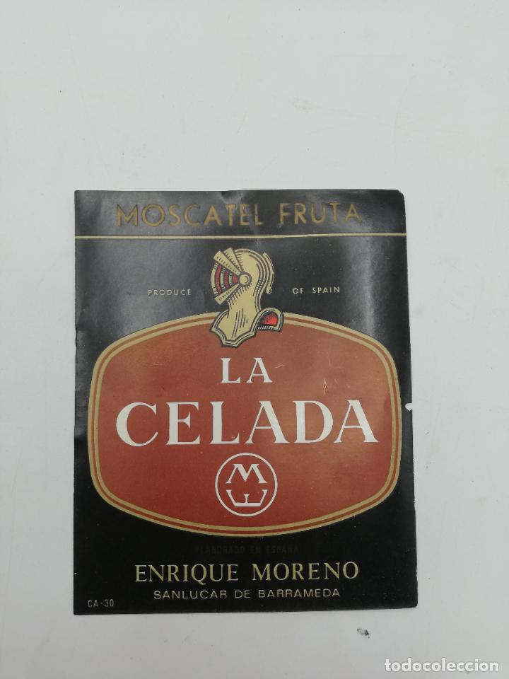 Old Labels: ETIQUETA. LA CELADA. MOSCATEL FRUTA. ENRIQUE MORENO. SANLUCAR BARRAMEDA. MEDIDAS: 13 X 10 CM APROX.