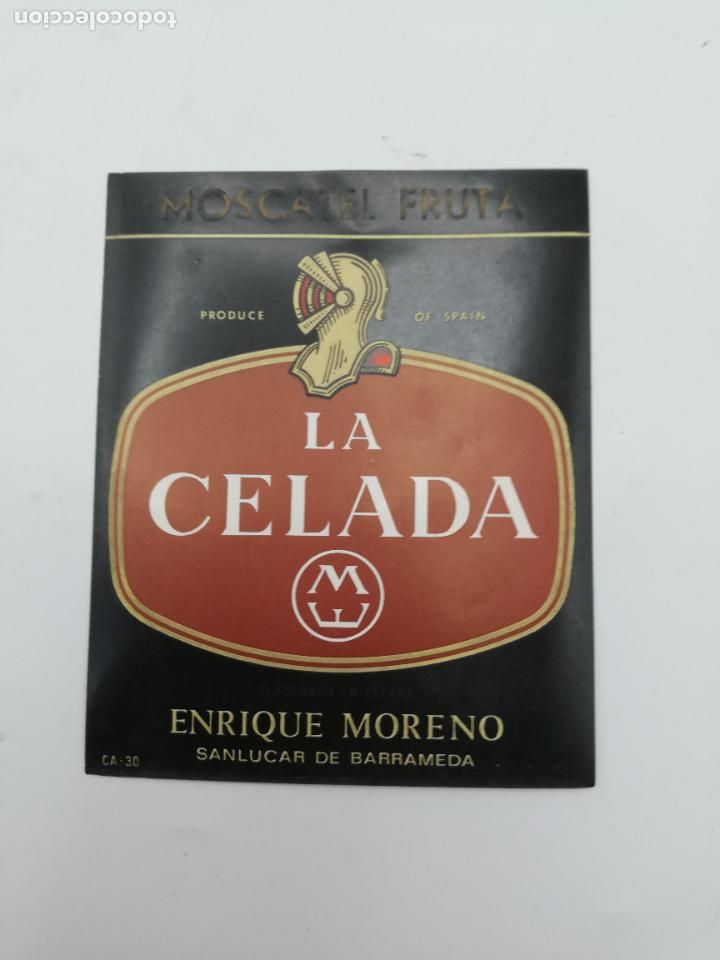 Old Labels: ETIQUETA. LA CELADA. MOSCATEL FRUTA. ENRIQUE MORENO. SANLUCAR BARRAMEDA. MEDIDAS: 13 X 10 CM APROX.