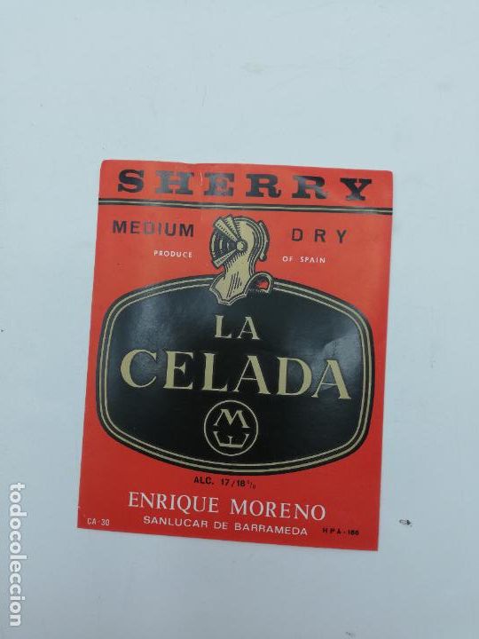 Alte Etiketten: ETIQUETA. LA CELADA. SHERRY. ENRIQUE MORENO. SANLUCAR DE BARRAMEDA. MEDIDAS: 13 X 10 CM APROX.