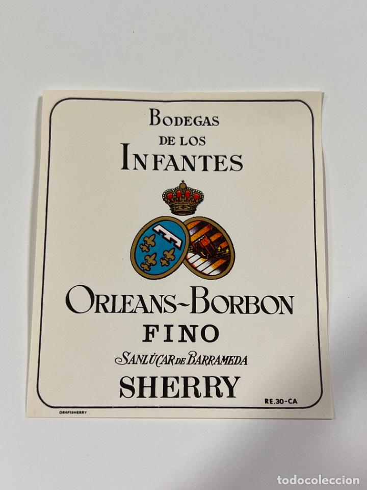 Alte Etiketten: ETIQUETA. FINO ORLEANS-BORBON. BODEGAS DE LOS INFANTES. SANL&Uacute;CAR DE BARRAMEDA. MEDIDAS: 10X8.5 CM