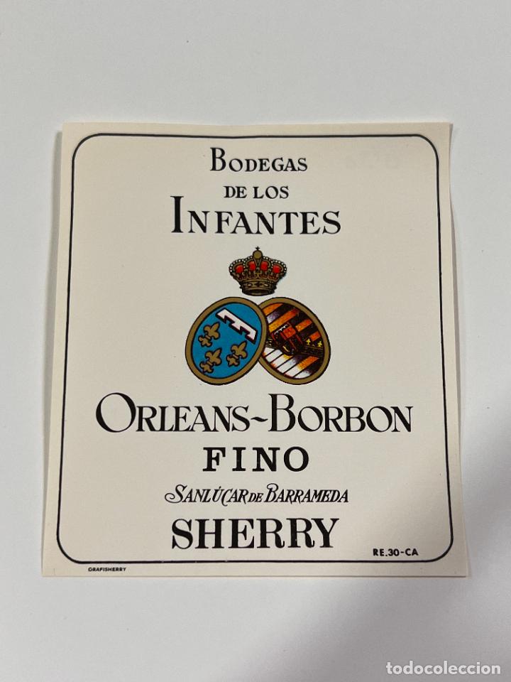 Alte Etiketten: ETIQUETA. FINO ORLEANS-BORBON. BODEGAS DE LOS INFANTES. SANL&Uacute;CAR DE BARRAMEDA. MEDIDAS: 10X8.5 CM