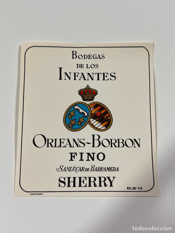 Alte Etiketten: ETIQUETA. FINO ORLEANS-BORBON. BODEGAS DE LOS INFANTES. SANL&Uacute;CAR DE BARRAMEDA. MEDIDAS: 10X8.5 CM