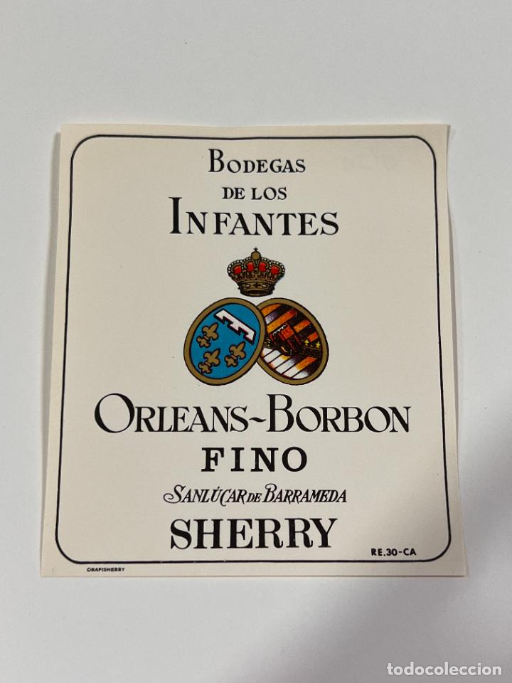 Alte Etiketten: ETIQUETA. FINO ORLEANS-BORBON. BODEGAS DE LOS INFANTES. SANL&Uacute;CAR DE BARRAMEDA. MEDIDAS: 10X8.5 CM