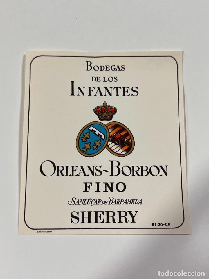 Alte Etiketten: ETIQUETA. FINO ORLEANS-BORBON. BODEGAS DE LOS INFANTES. SANL&Uacute;CAR DE BARRAMEDA. MEDIDAS: 10X8.5 CM