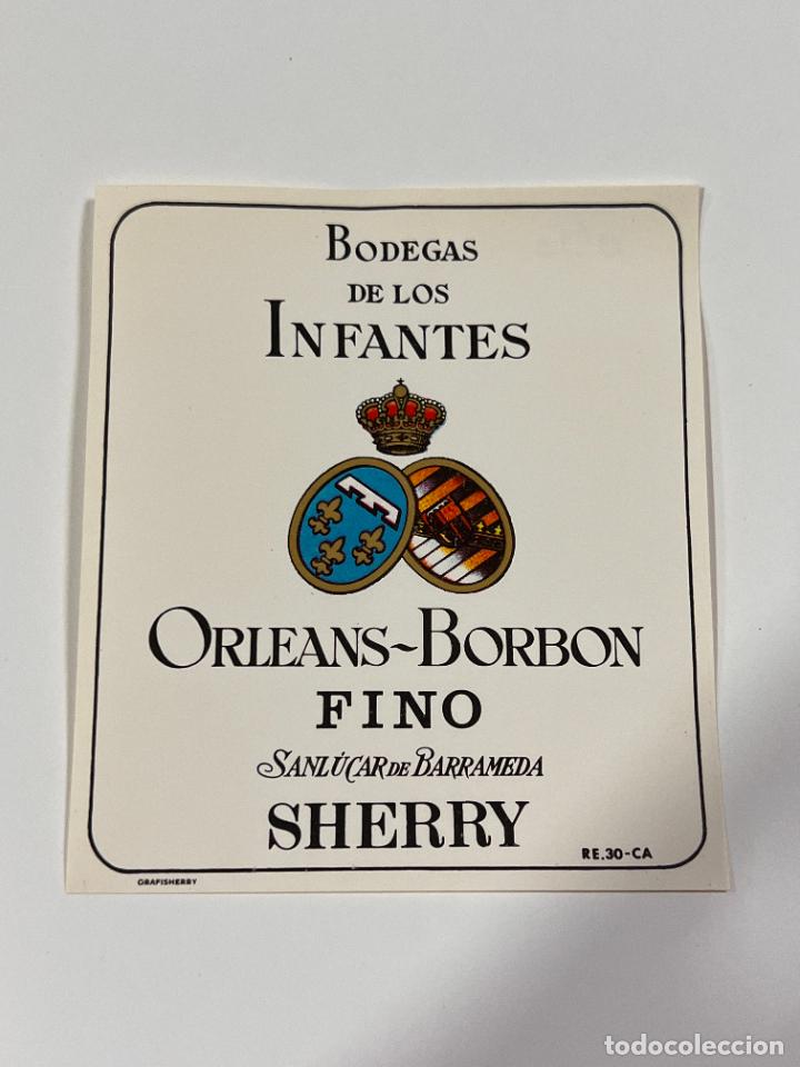 Alte Etiketten: ETIQUETA. FINO ORLEANS-BORBON. BODEGAS DE LOS INFANTES. SANL&Uacute;CAR DE BARRAMEDA. MEDIDAS: 10X8.5 CM
