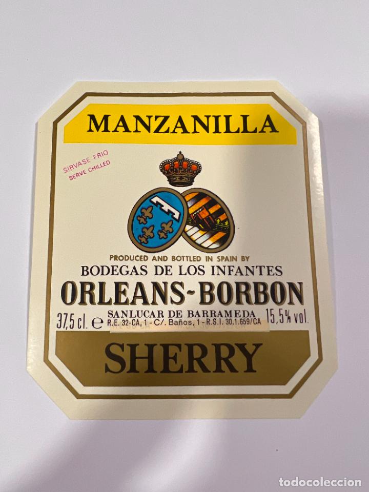 Alte Etiketten: ETIQUETA. MANZANILLA. BODEGAS DE LOS INFANTES. ORLEANS-BORBON. SHERRY. SANL&Uacute;CAR. MEDIDAS: 10 X 9 CM