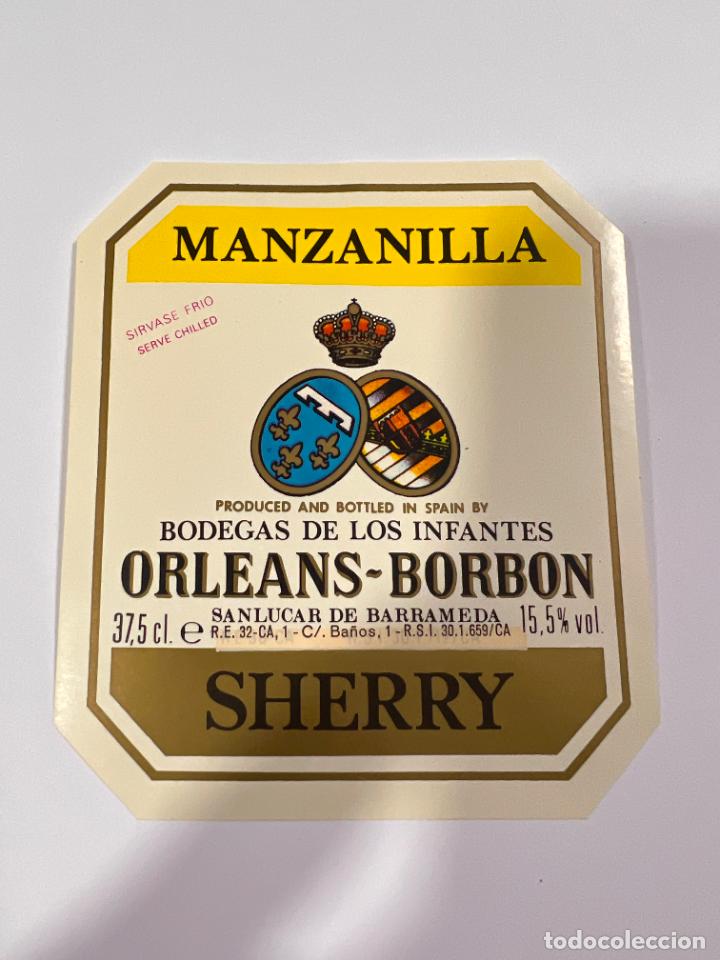 Alte Etiketten: ETIQUETA. MANZANILLA. BODEGAS DE LOS INFANTES. ORLEANS-BORBON. SHERRY. SANL&Uacute;CAR. MEDIDAS: 10 X 9 CM