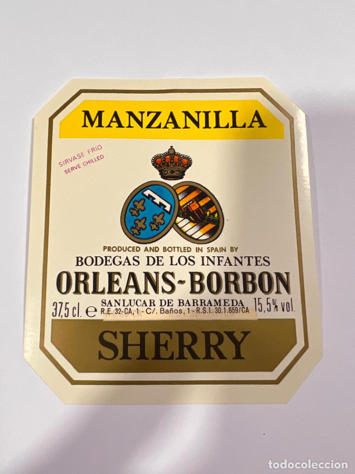 Alte Etiketten: ETIQUETA. MANZANILLA. BODEGAS DE LOS INFANTES. ORLEANS-BORBON. SHERRY. SANL&Uacute;CAR. MEDIDAS: 10 X 9 CM