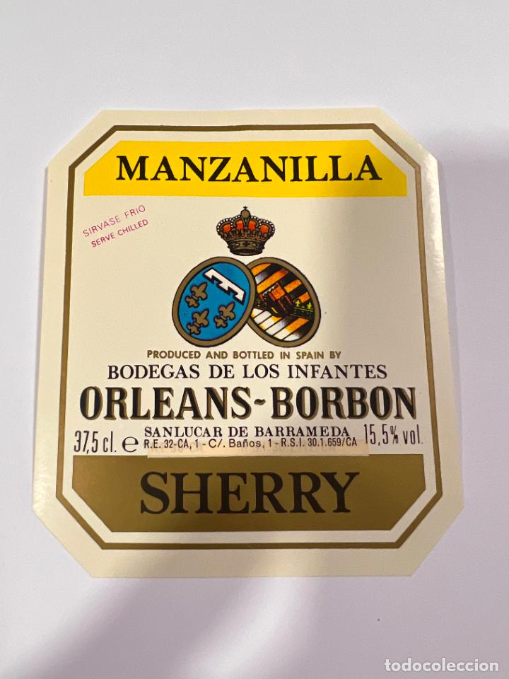 Alte Etiketten: ETIQUETA. MANZANILLA. BODEGAS DE LOS INFANTES. ORLEANS-BORBON. SHERRY. SANL&Uacute;CAR. MEDIDAS: 10 X 9 CM