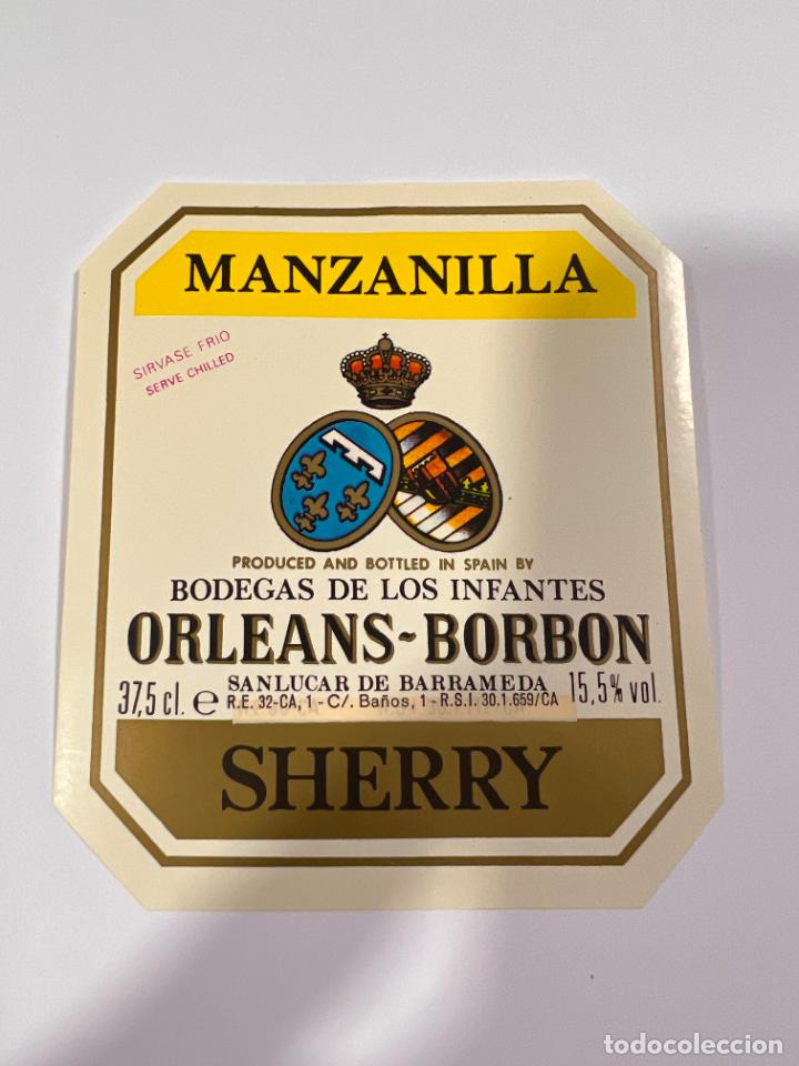 Alte Etiketten: ETIQUETA. MANZANILLA. BODEGAS DE LOS INFANTES. ORLEANS-BORBON. SHERRY. SANL&Uacute;CAR. MEDIDAS: 10 X 9 CM