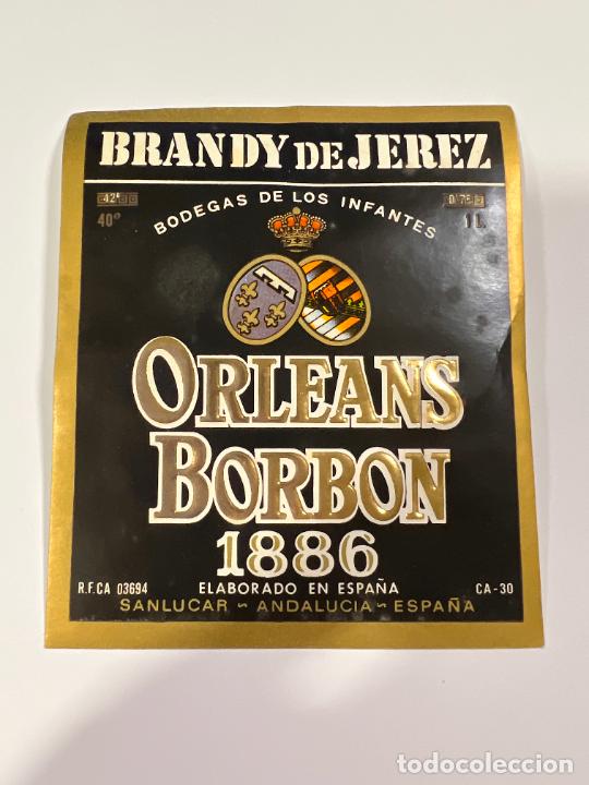 Old Labels: ETIQUETA. BRANDY DE JEREZ. BODEGA DE LOS INFANTES DE OLEANS-BORBON. SANLUCAR. MEDIDAS: 10 X 11 CM
