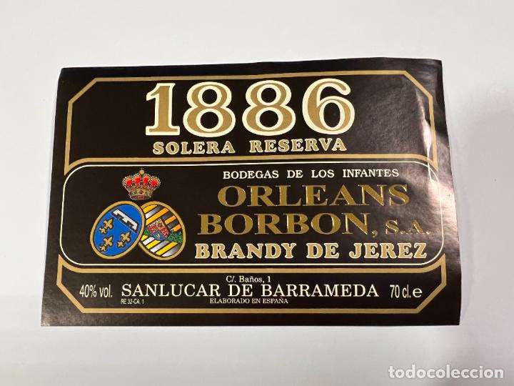Alte Etiketten: ETIQUETA. BRANDY JEREZ. SOLERA RESERVA 1886. BODEGA DE LOS INFANTES DE ORLEANS BORBON. SANL&Uacute;CAR