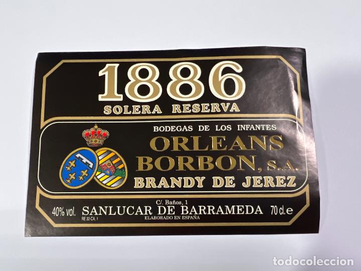 Alte Etiketten: ETIQUETA. BRANDY JEREZ. SOLERA RESERVA 1886. BODEGA DE LOS INFANTES DE ORLEANS BORBON. SANL&Uacute;CAR