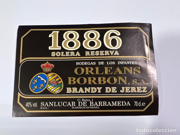 Alte Etiketten: ETIQUETA. BRANDY JEREZ. SOLERA RESERVA 1886. BODEGA DE LOS INFANTES DE ORLEANS BORBON. SANL&Uacute;CAR