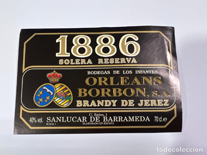 Alte Etiketten: ETIQUETA. BRANDY JEREZ. SOLERA RESERVA 1886. BODEGA DE LOS INFANTES DE ORLEANS BORBON. SANL&Uacute;CAR