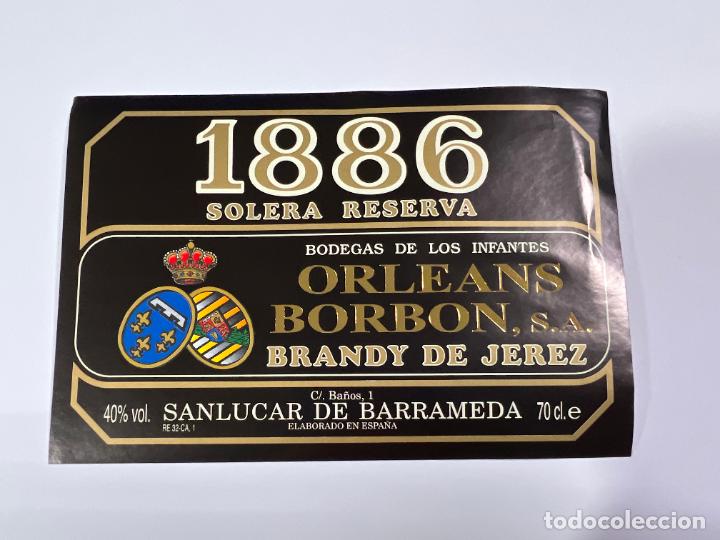 Alte Etiketten: ETIQUETA. BRANDY JEREZ. SOLERA RESERVA 1886. BODEGA DE LOS INFANTES DE ORLEANS BORBON. SANL&Uacute;CAR