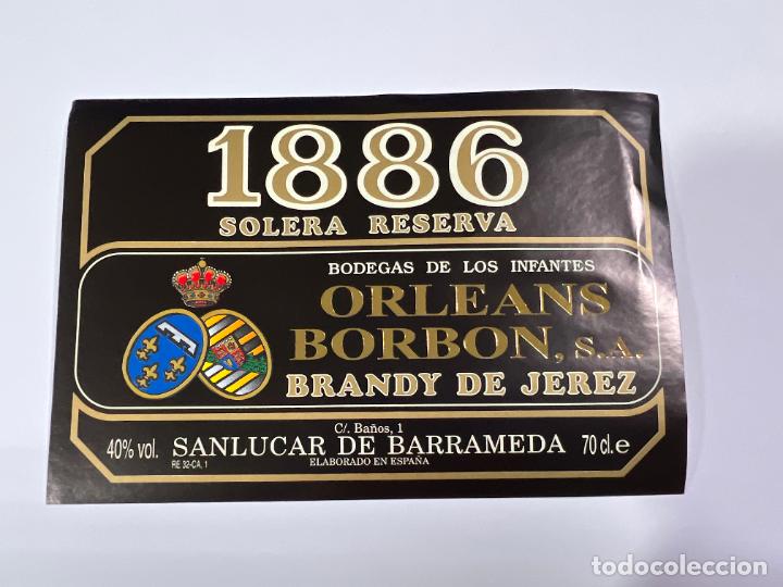 Alte Etiketten: ETIQUETA. BRANDY JEREZ. SOLERA RESERVA 1886. BODEGA DE LOS INFANTES DE ORLEANS BORBON. SANL&Uacute;CAR