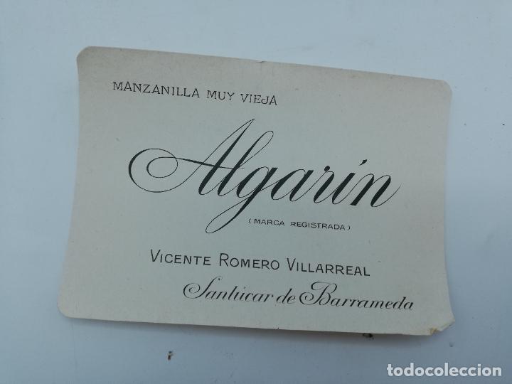 Old Labels: ETIQUETA. MANZANILLA. ALGARIN. MIL PESETAS. VICENTE ROMERO. SANLUCAR. MEDIDAS : 10 X 14 CM APROX.
