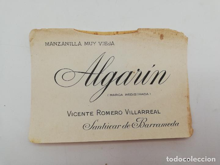 Old Labels: ETIQUETA. MANZANILLA. ALGARIN. MIL PESETAS. VICENTE ROMERO. SANLUCAR. MEDIDAS : 10 X 14 CM APROX.