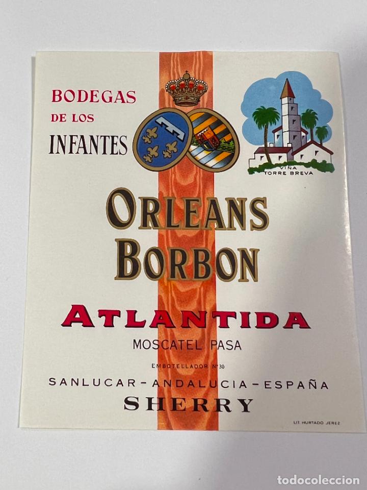 Alte Etiketten: ETIQUETA. ATLANTIDA. MOSCATEL PASA. BODEGAS DE LOS INFANTES DE ORLEANS BORBON. SANLUCAR.