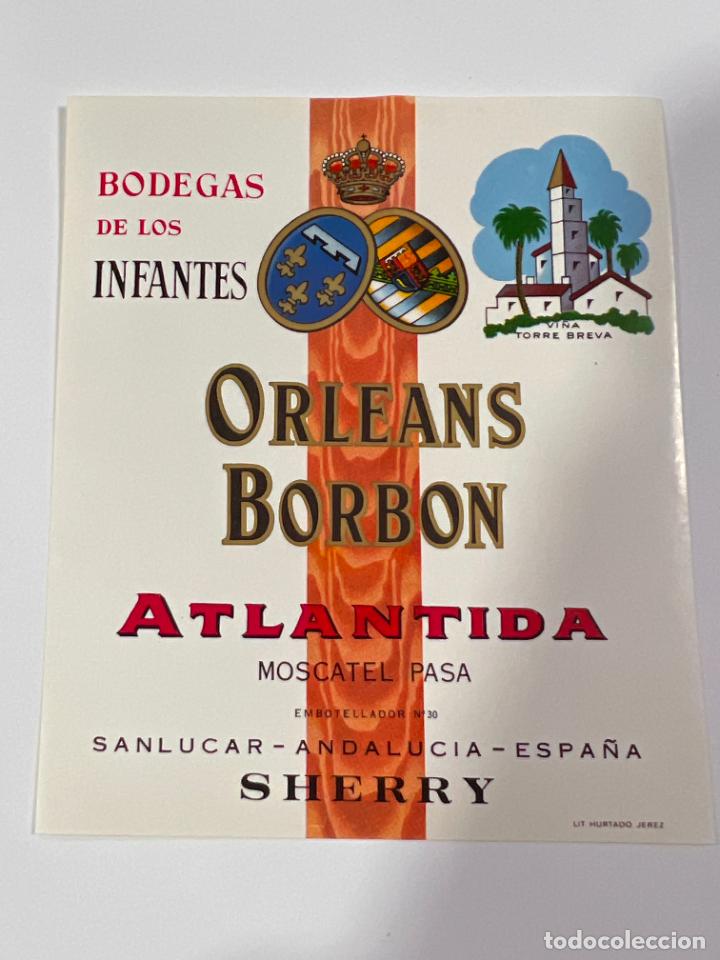 Alte Etiketten: ETIQUETA. ATLANTIDA. MOSCATEL PASA. BODEGAS DE LOS INFANTES DE ORLEANS BORBON. SANLUCAR.