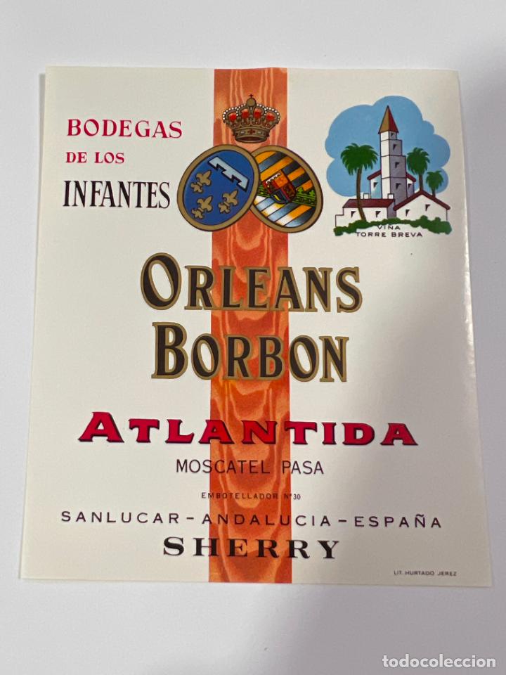 Alte Etiketten: ETIQUETA. ATLANTIDA. MOSCATEL PASA. BODEGAS DE LOS INFANTES DE ORLEANS BORBON. SANLUCAR.