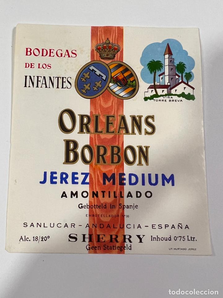 Alte Etiketten: ETIQUETA. AMONTILLADO. JEREZ MEDIUM. BODEGAS DE LOS INFANTES DE ORLEANS BORBON. SANLUCAR.