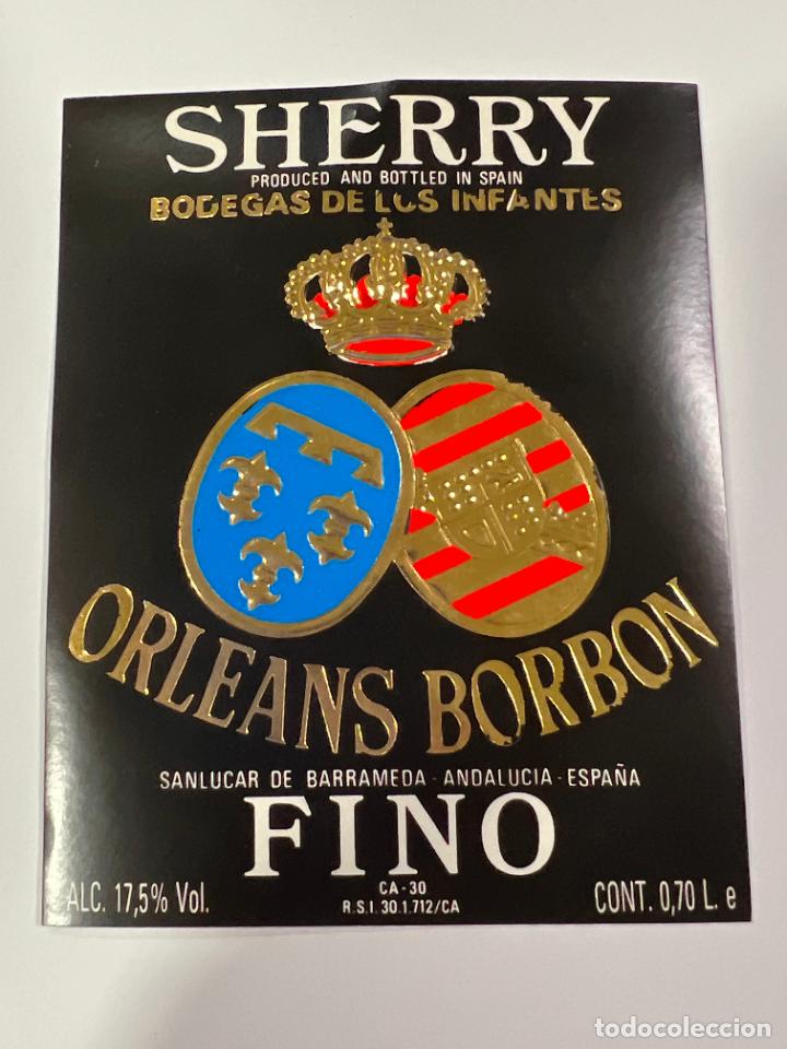 Etichette antiche: ETIQUETA. FINO. BODEGAS DE LOS INFANTES. ORLEANS-BORBON. SHERRY. SANL&Uacute;CAR. MEDIDAS: 10 X 9 CM