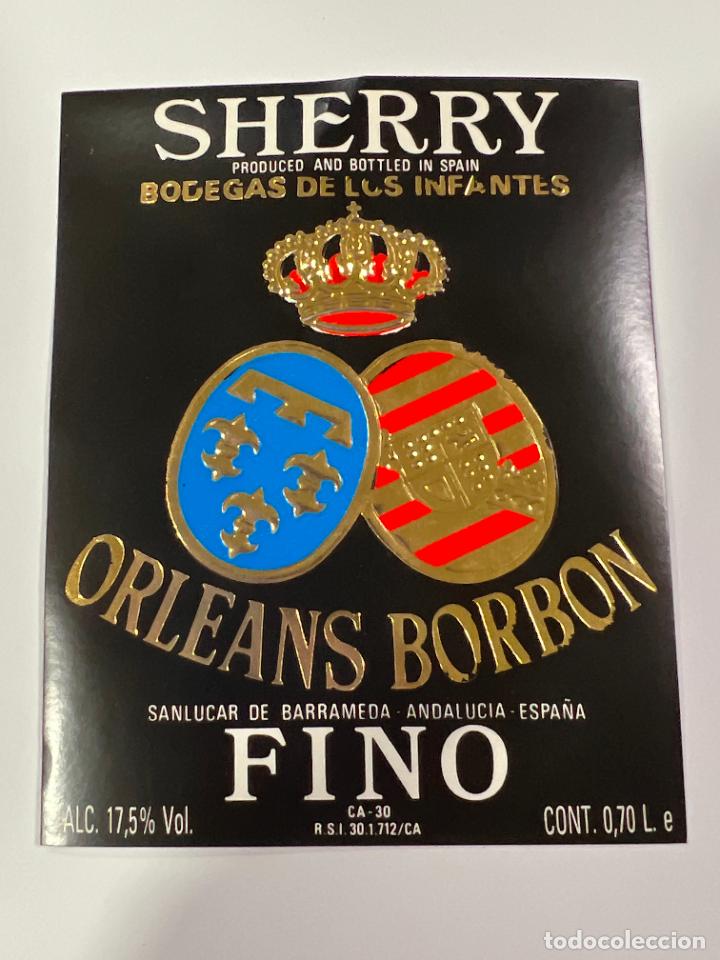 Etichette antiche: ETIQUETA. FINO. BODEGAS DE LOS INFANTES. ORLEANS-BORBON. SHERRY. SANL&Uacute;CAR. MEDIDAS: 10 X 9 CM