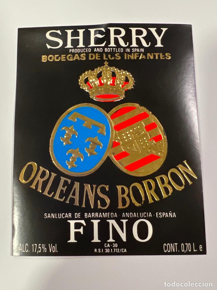 Etichette antiche: ETIQUETA. FINO. BODEGAS DE LOS INFANTES. ORLEANS-BORBON. SHERRY. SANL&Uacute;CAR. MEDIDAS: 10 X 9 CM