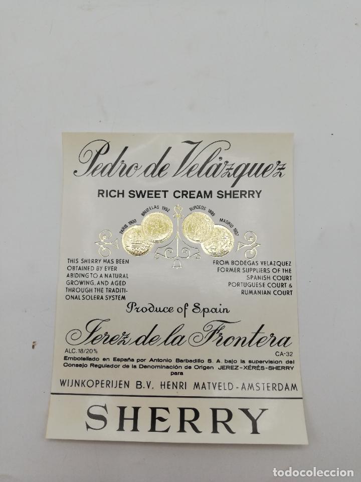 Etichette antiche: ETIQUETA. PEDRO DE VELAZQUEZ. RICHE SWEET CREAM SHERRY. JEREZ DE LA FRONTERA. MED : 13 X 10 CM APROX