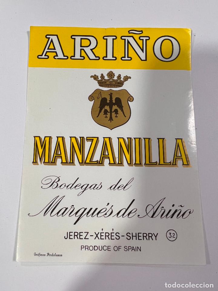 Etichette antiche: ETIQUETA. MANZANILLA. BODEGAS DEL MARQU&Eacute;S DE ARI&Ntilde;O. JEREZ. MEDIDAS: 13 X 9.5 CM