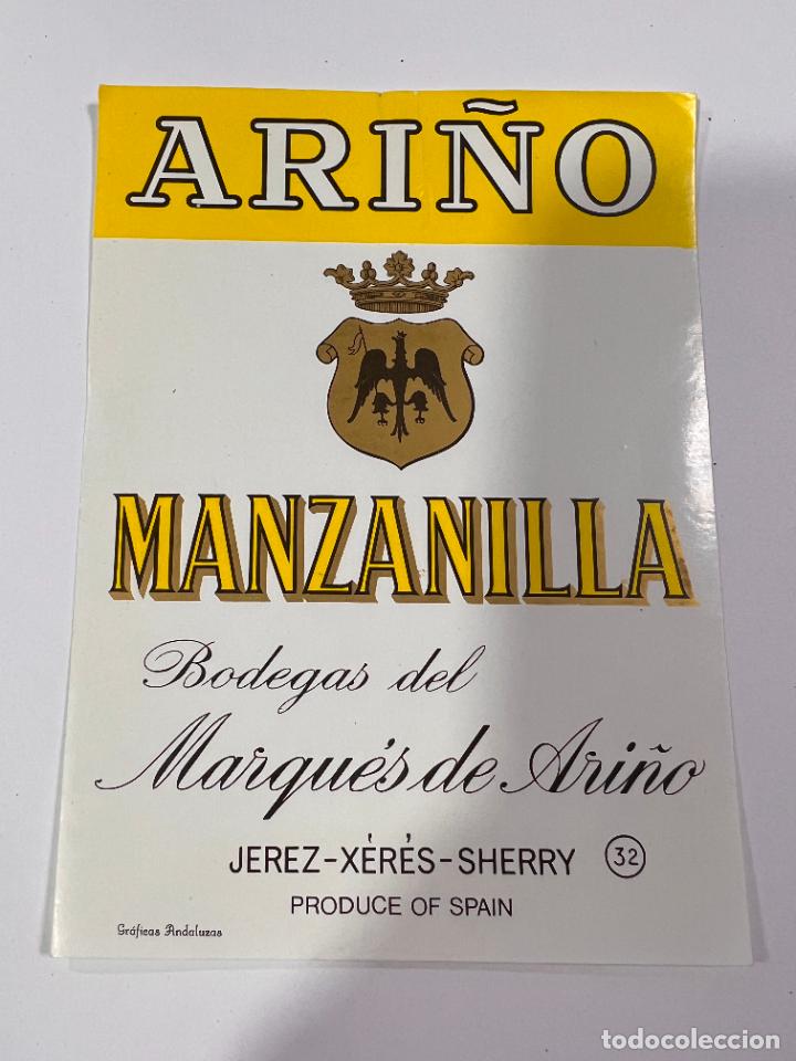 Etichette antiche: ETIQUETA. MANZANILLA. BODEGAS DEL MARQU&Eacute;S DE ARI&Ntilde;O. JEREZ. MEDIDAS: 13 X 9.5 CM