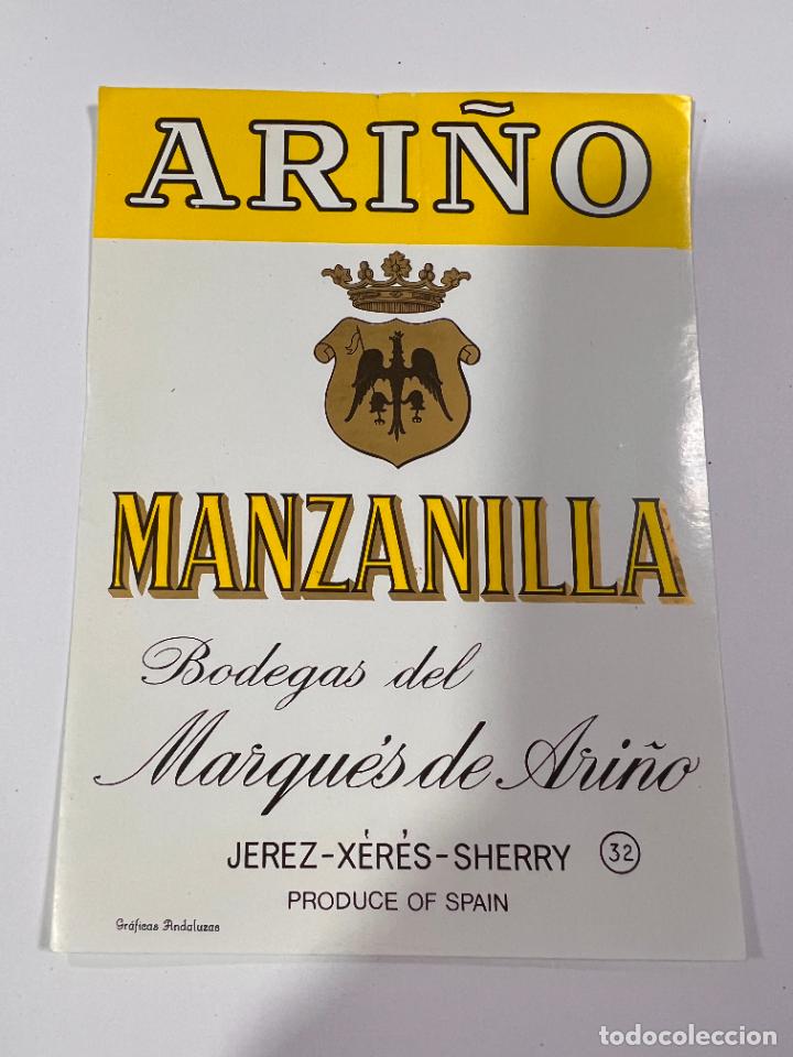 Etichette antiche: ETIQUETA. MANZANILLA. BODEGAS DEL MARQU&Eacute;S DE ARI&Ntilde;O. JEREZ. MEDIDAS: 13 X 9.5 CM
