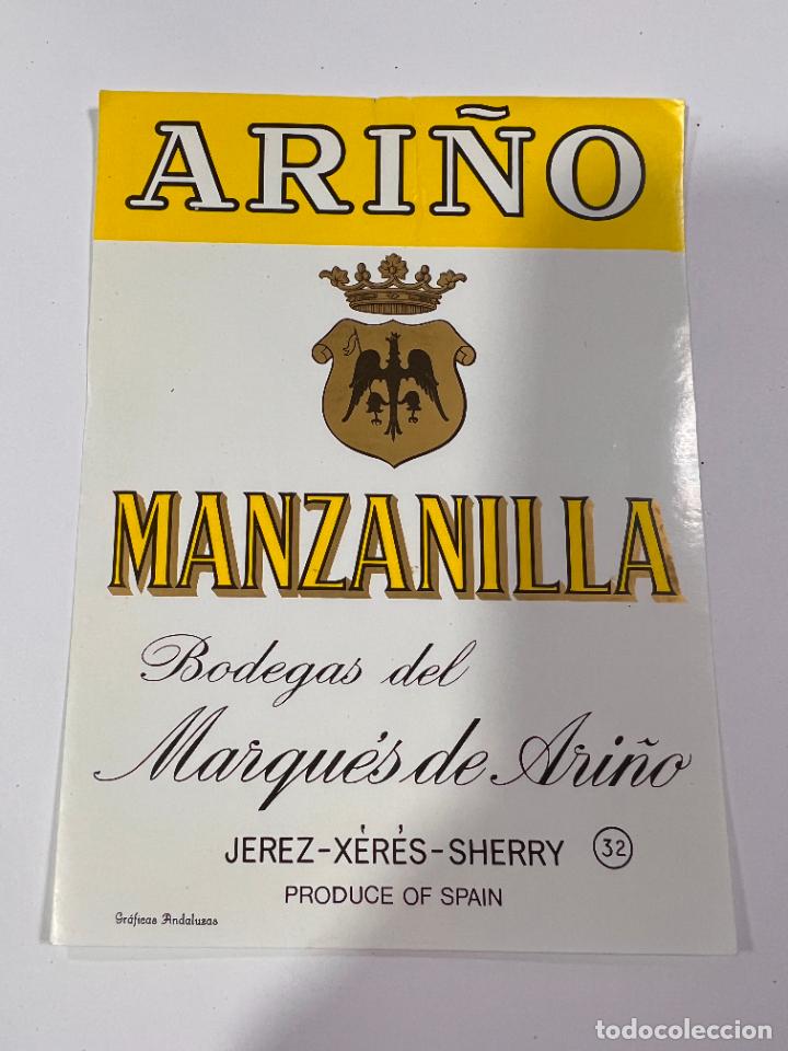 Alte Etiketten: ETIQUETA. MANZANILLA. BODEGAS DEL MARQU&Eacute;S DE ARI&Ntilde;O. JEREZ. MEDIDAS: 13 X 9.5 CM