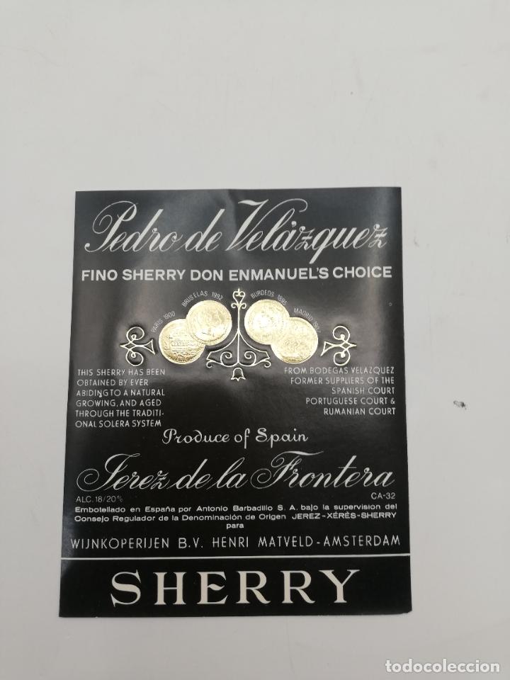 Etichette antiche: ETIQUETA. PEDRO DE VELAZQUEZ. RICHE SWEET CREAM SHERRY. JEREZ DE LA FRONTERA. MED : 13 X 10 CM APROX