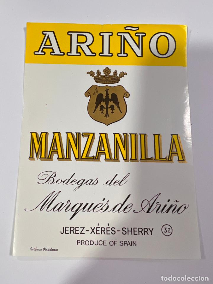 Etichette antiche: ETIQUETA. MANZANILLA. BODEGAS DEL MARQU&Eacute;S DE ARI&Ntilde;O. JEREZ. MEDIDAS: 13 X 9.5 CM