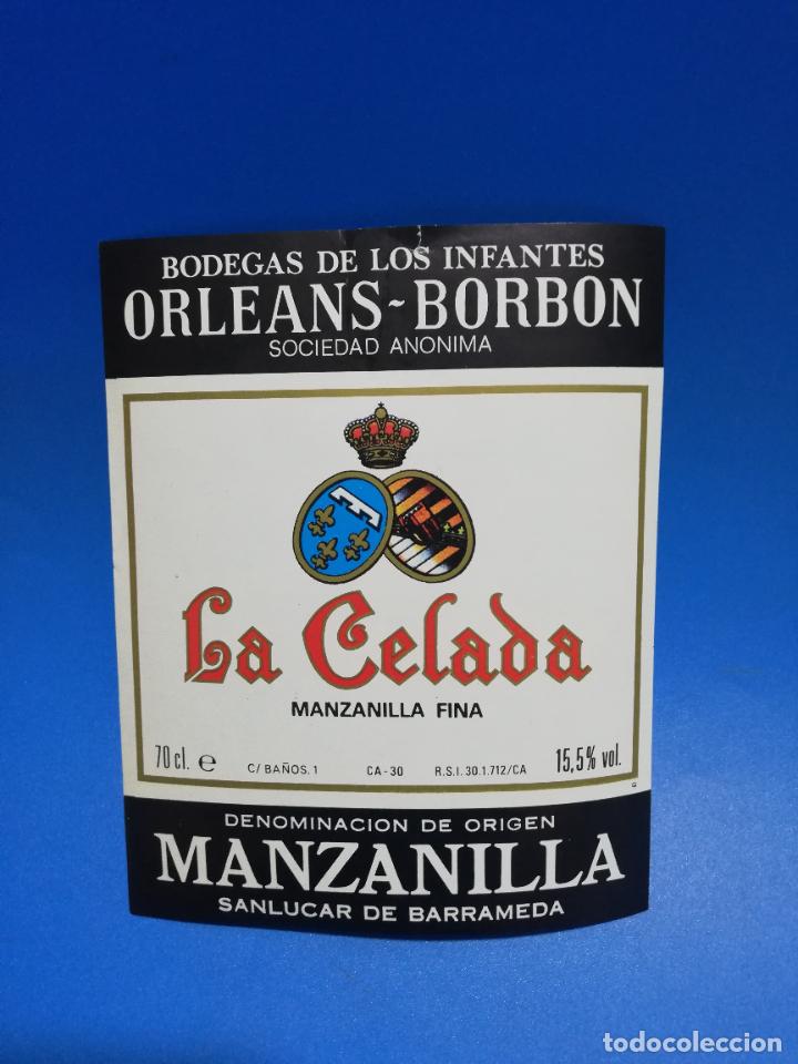 Etichette antiche: ETIQUETA. BODEGAS DE LOS INFANTES. ORLEANS-BORBON. LA CELADA. MANZANILLA FINA. SANLUCAR DE BARRAMEDA
