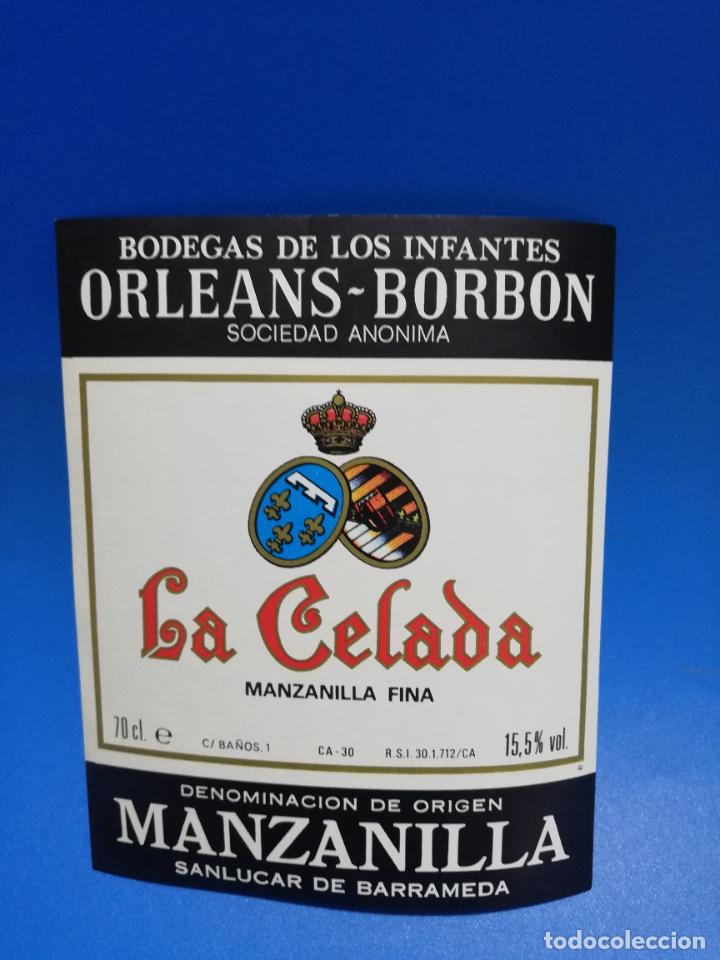 Etichette antiche: ETIQUETA. BODEGAS DE LOS INFANTES. ORLEANS-BORBON. LA CELADA. MANZANILLA FINA. SANLUCAR DE BARRAMEDA