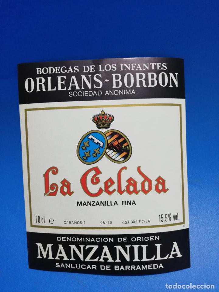 Old Labels: ETIQUETA. BODEGAS DE LOS INFANTES. ORLEANS-BORBON. LA CELADA. MANZANILLA FINA. SANLUCAR DE BARRAMEDA