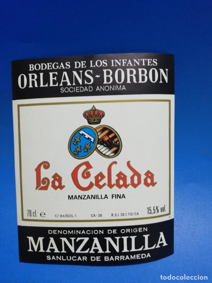 Old Labels: ETIQUETA. BODEGAS DE LOS INFANTES. ORLEANS-BORBON. LA CELADA. MANZANILLA FINA. SANLUCAR DE BARRAMEDA