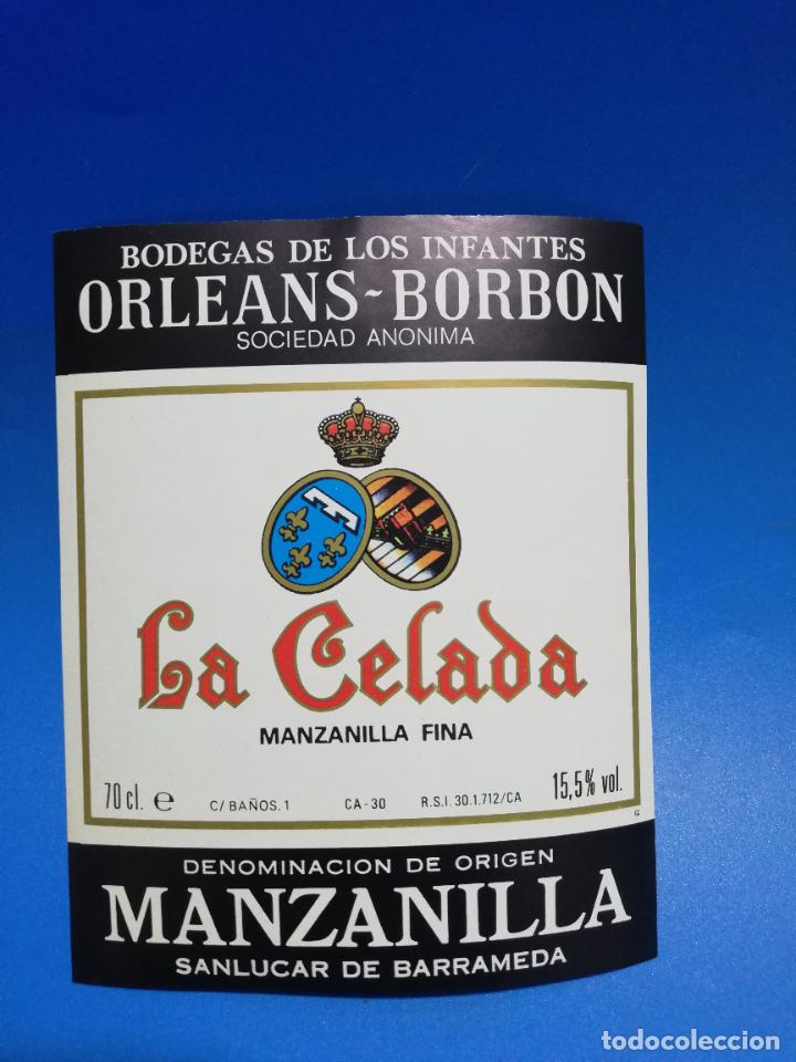 Old Labels: ETIQUETA. BODEGAS DE LOS INFANTES. ORLEANS-BORBON. LA CELADA. MANZANILLA FINA. SANLUCAR DE BARRAMEDA