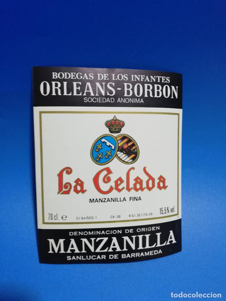 Old Labels: ETIQUETA. BODEGAS DE LOS INFANTES. ORLEANS-BORBON. LA CELADA. MANZANILLA FINA. SANLUCAR DE BARRAMEDA