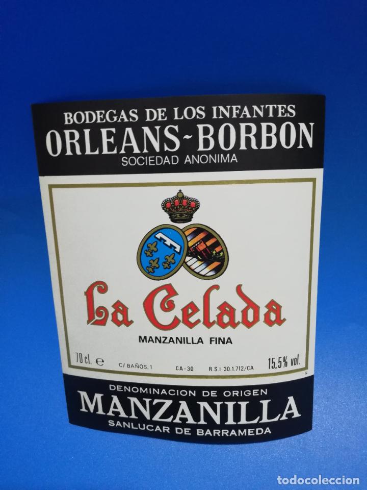 Old Labels: ETIQUETA. BODEGAS DE LOS INFANTES. ORLEANS-BORBON. LA CELADA. MANZANILLA FINA. SANLUCAR DE BARRAMEDA