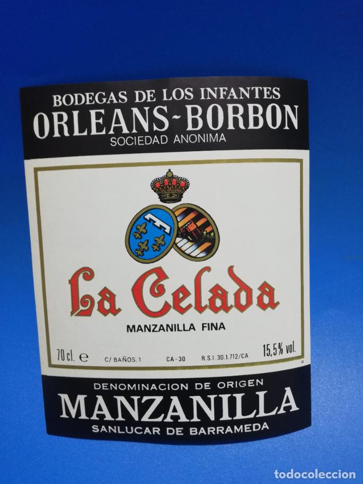 Old Labels: ETIQUETA. BODEGAS DE LOS INFANTES. ORLEANS-BORBON. LA CELADA. MANZANILLA FINA. SANLUCAR DE BARRAMEDA